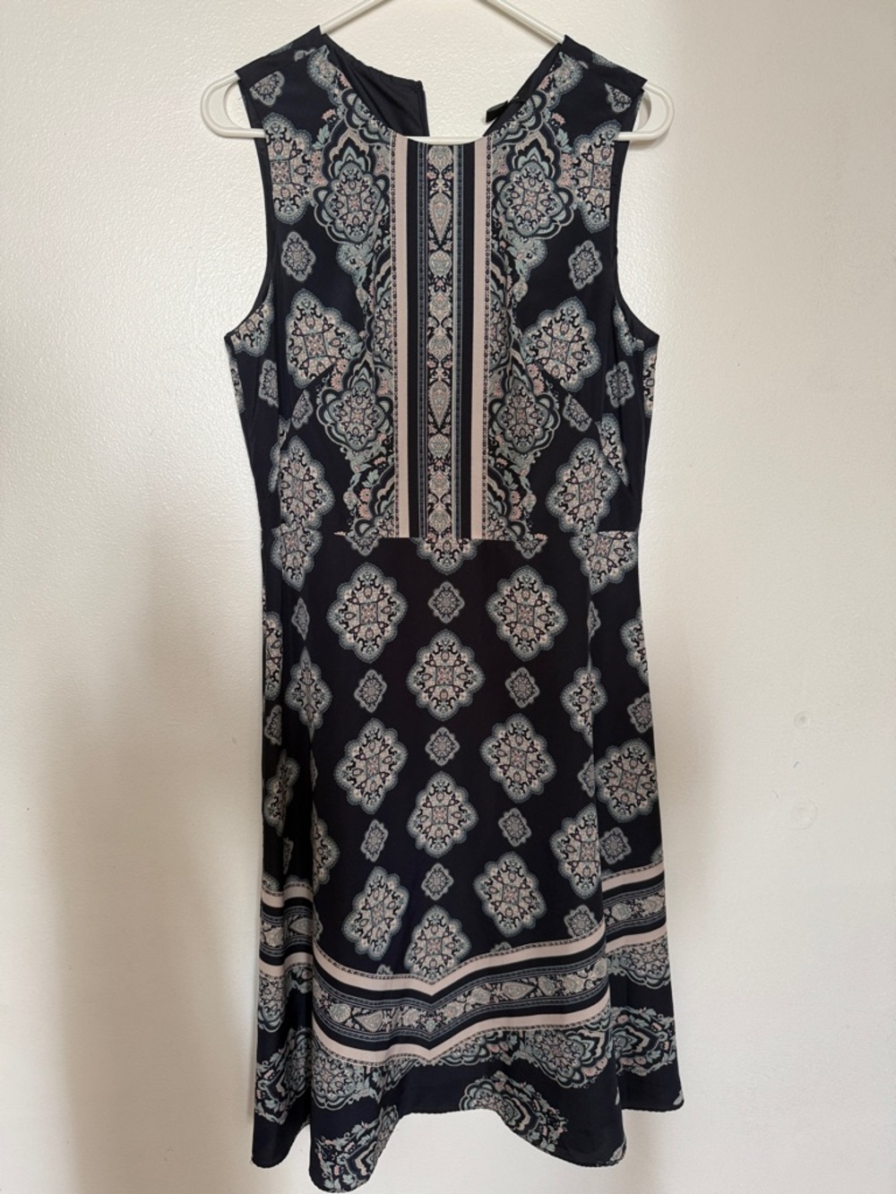 Ann Taylor Black Sleeveless Midi Dress with Cream and Pale Blue Medallion Print